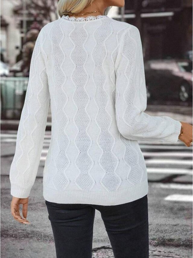 Elegant Regular Solid Waffle Crew Neck Lace Long Sleeve Knit Top - Image 2