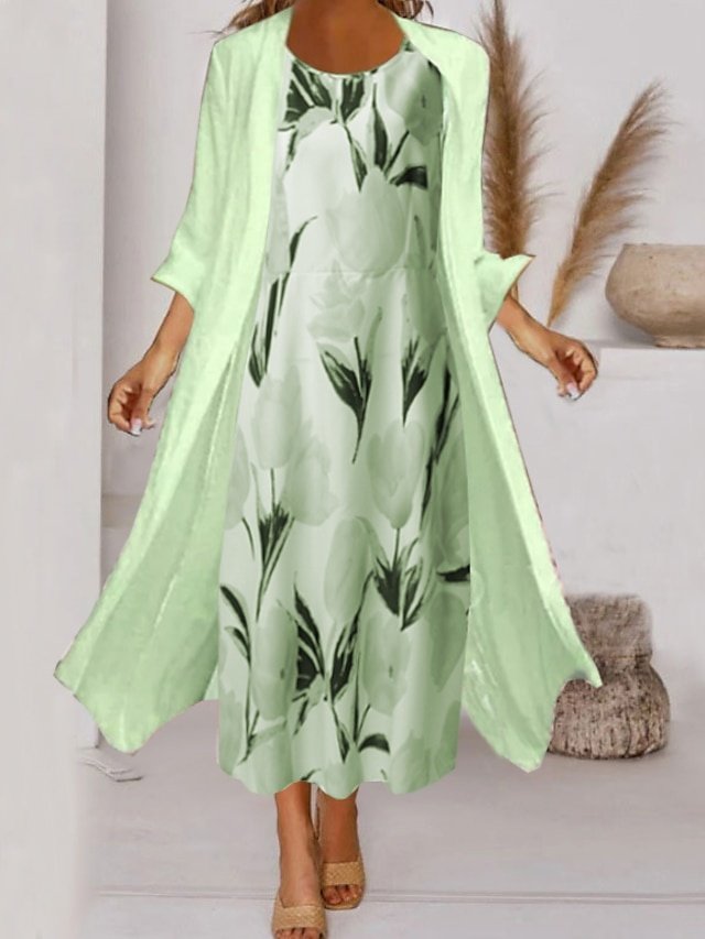 Elegant Ruched Floral Crew Neck 3/4 Sleeve Midi Dress Set - Image 2