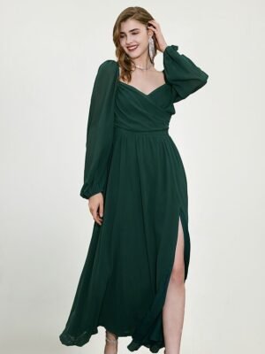Elegant Ruched Split Bishop Sleeve Maxi Wrap Dress - Image 3