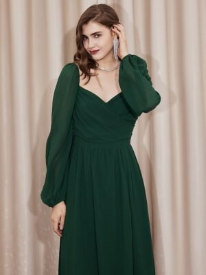 Elegant Ruched Split Bishop Sleeve Maxi Wrap Dress - Image 7