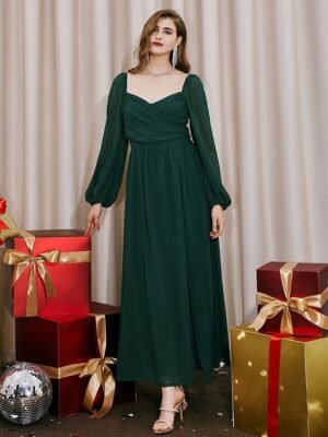 Elegant Ruched Split Bishop Sleeve Maxi Wrap Dress - Image 9