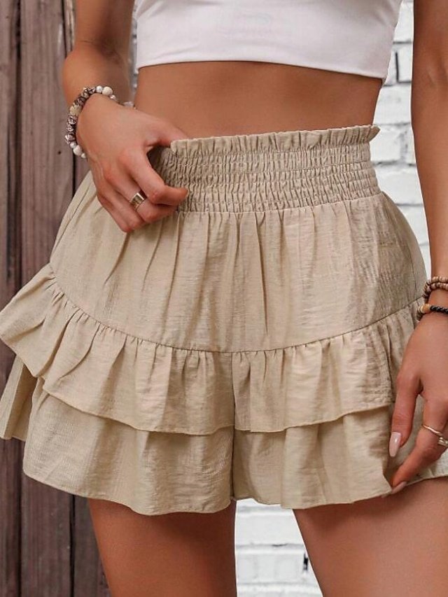 Elegant Ruffle Plain High Waist Short Black Shorts - Image 1