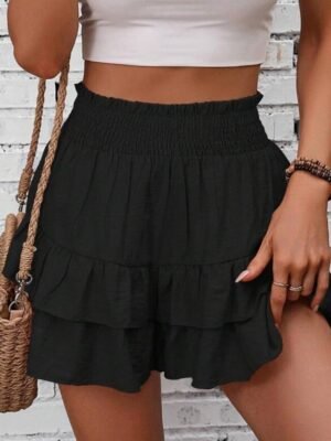 Elegant Ruffle Plain High Waist Short Black Shorts - Image 2