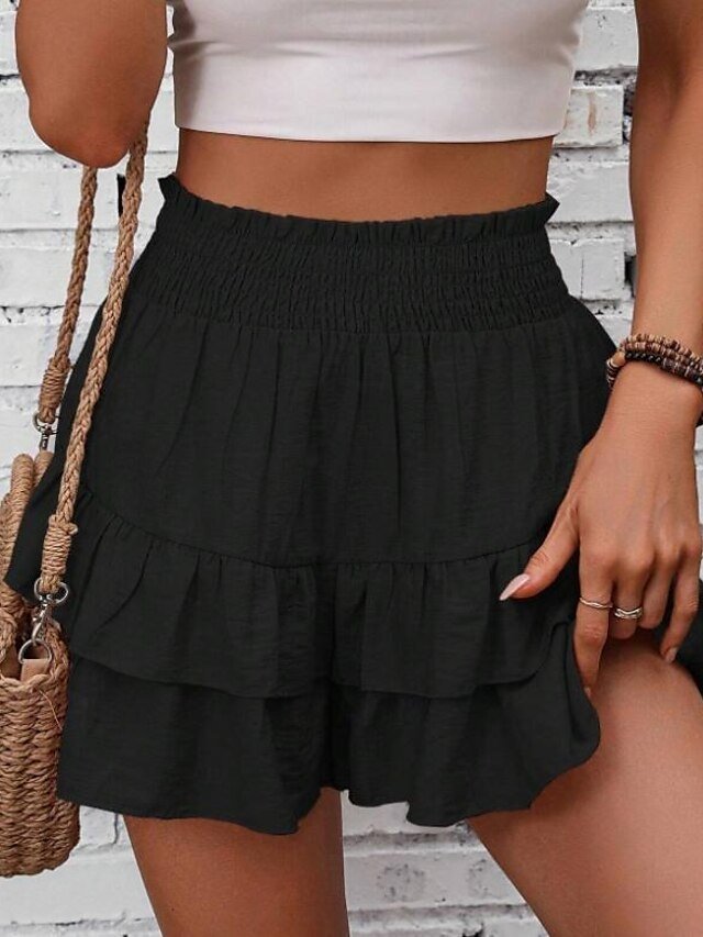 Elegant Ruffle Plain High Waist Short Black Shorts - Image 2