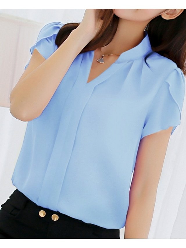 Elegant Slim Plain V Neck Short Sleeve Blouse - Image 2