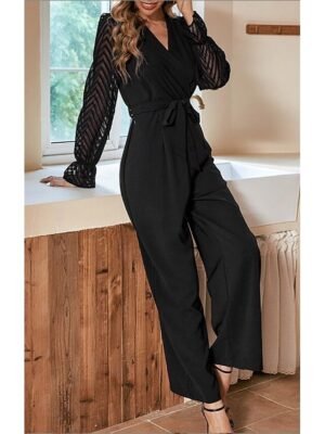 Elegant Slim Solid V Neck Long Sleeve Wide Leg Jumpsuit - Image 3