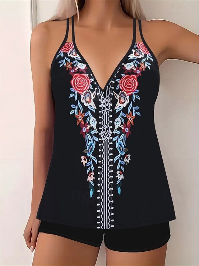 Elegant Stretchy V Neck Sleeveless Tankini Swimwear - Image 1