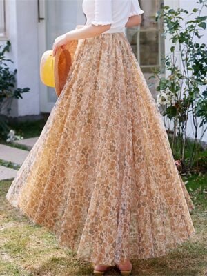 Elegant Swing Floral Lace Layered Long Midi Skirt - Image 3