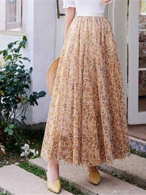 Elegant Swing Floral Lace Layered Long Midi Skirt - Image 4