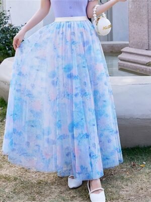 Elegant Swing Floral Lace Layered Long Midi Skirt - Image 9