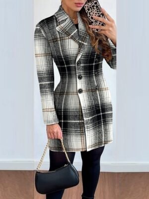Elegant Thickened Lattice Print Lapel Long Overcoat - Image 1