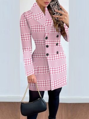 Elegant Thickened Lattice Print Lapel Long Overcoat - Image 5