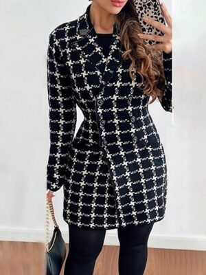 Elegant Thickened Lattice Print Lapel Long Overcoat - Image 6