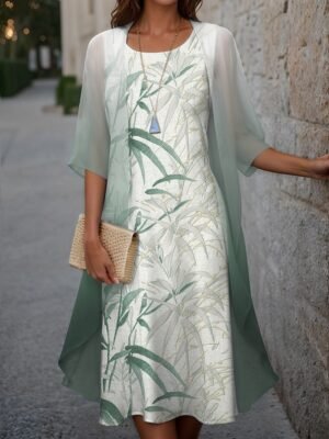 Elegant Two Piece Modern Print Crew Neck Half Sleeve Midi Dress - Image 2