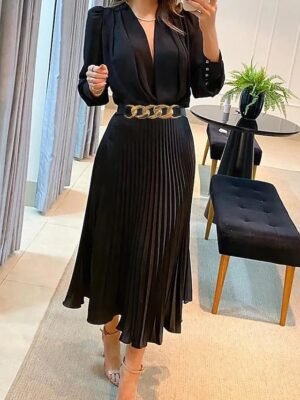 Elegant Velvet Sequin V Neck Long Sleeve Midi Dress - Image 1