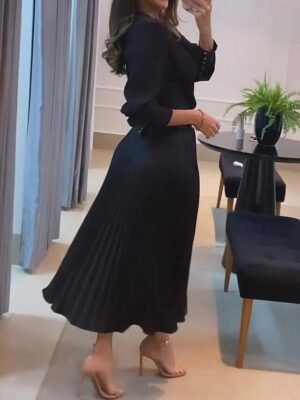 Elegant Velvet Sequin V Neck Long Sleeve Midi Dress - Image 3
