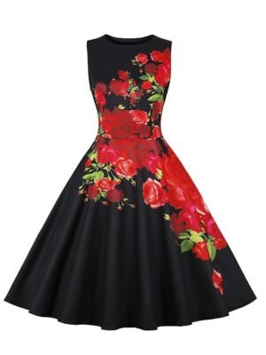 Elegant Vintage Floral Crewneck Sleeveless Midi Dress - Image 1