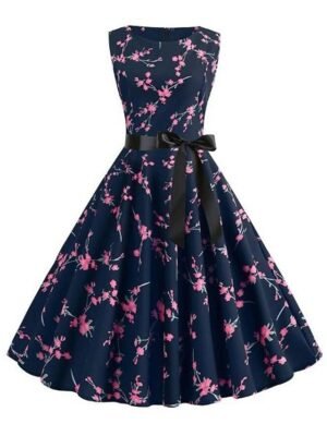 Elegant Vintage Floral Crewneck Sleeveless Midi Dress - Image 4