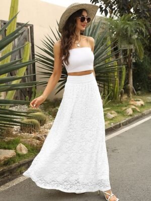 Elegant Vintage High Waist Lace Floral Maxi Skirt - Image 18