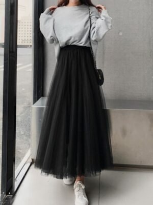 Elegant Vintage Pleated Layered Long Tulle Maxi Skirt - Image 2