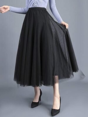 Elegant Vintage Pleated Layered Long Tulle Maxi Skirt - Image 6