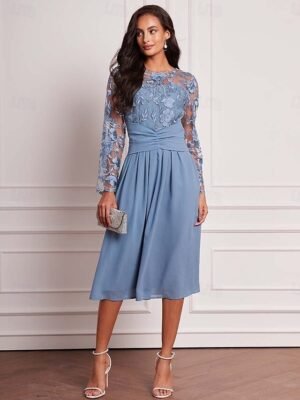 Elegant Vintage Ruched Mesh Crew Neck Long Sleeve Midi Dress - Image 2