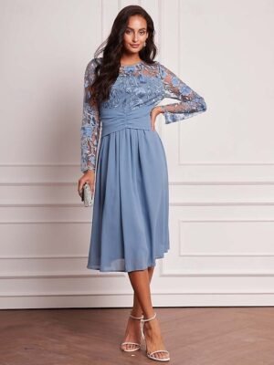 Elegant Vintage Ruched Mesh Crew Neck Long Sleeve Midi Dress - Image 4