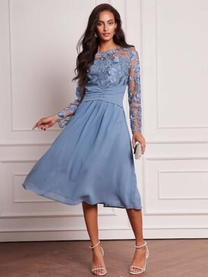 Elegant Vintage Ruched Mesh Crew Neck Long Sleeve Midi Dress - Image 5