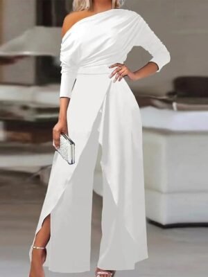 Elegant Wide Leg Solid Cold Shoulder Long Sleeve Jumpsuit - Image 2