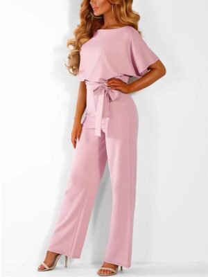 Elegant Wide-Leg Solid Round Neck Short Sleeve Jumpsuit - Image 1