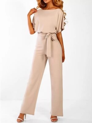 Elegant Wide-Leg Solid Round Neck Short Sleeve Jumpsuit - Image 10