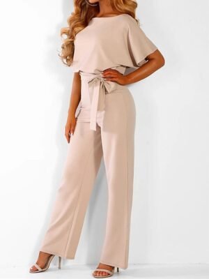 Elegant Wide-Leg Solid Round Neck Short Sleeve Jumpsuit - Image 11
