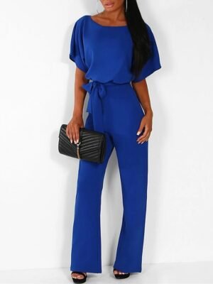 Elegant Wide-Leg Solid Round Neck Short Sleeve Jumpsuit - Image 14