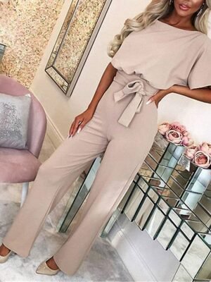 Elegant Wide-Leg Solid Round Neck Short Sleeve Jumpsuit - Image 15