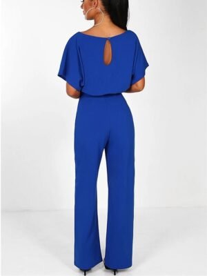 Elegant Wide-Leg Solid Round Neck Short Sleeve Jumpsuit - Image 16