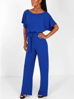 Elegant Wide-Leg Solid Round Neck Short Sleeve Jumpsuit - Image 17