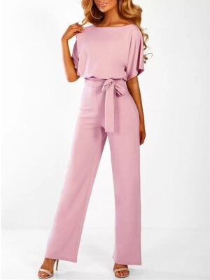 Elegant Wide-Leg Solid Round Neck Short Sleeve Jumpsuit - Image 19