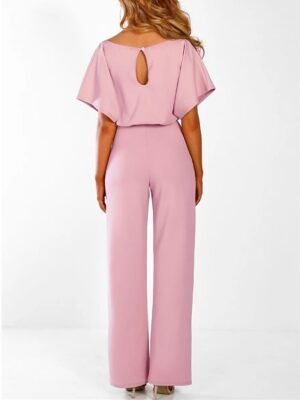 Elegant Wide-Leg Solid Round Neck Short Sleeve Jumpsuit - Image 21