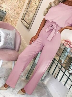 Elegant Wide-Leg Solid Round Neck Short Sleeve Jumpsuit - Image 22
