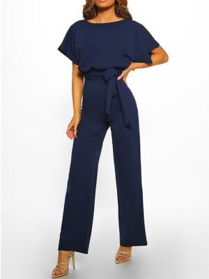 Elegant Wide-Leg Solid Round Neck Short Sleeve Jumpsuit - Image 24