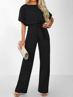 Elegant Wide-Leg Solid Round Neck Short Sleeve Jumpsuit - Image 4