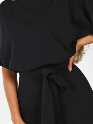 Elegant Wide-Leg Solid Round Neck Short Sleeve Jumpsuit - Image 7
