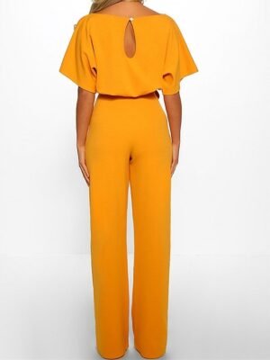 Elegant Wide-Leg Solid Round Neck Short Sleeve Jumpsuit - Image 8