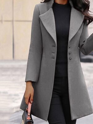 Elegant Wool Blend Lapel Long Sleeve Winter Pea Coat - Image 17