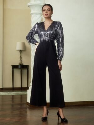Elite Wide Leg Sequin Fringe V Neck Jumpsuit - Image 4
