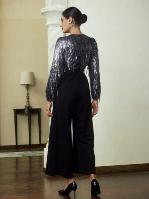 Elite Wide Leg Sequin Fringe V Neck Jumpsuit - Image 5