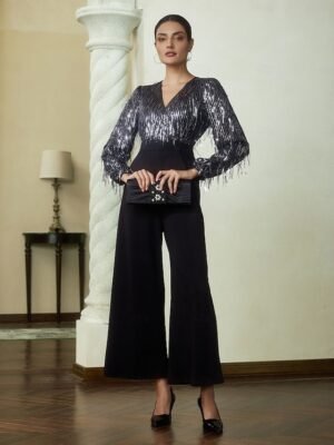 Elite Wide Leg Sequin Fringe V Neck Jumpsuit - Image 6