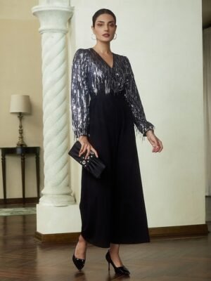 Elite Wide Leg Sequin Fringe V Neck Jumpsuit - Image 7