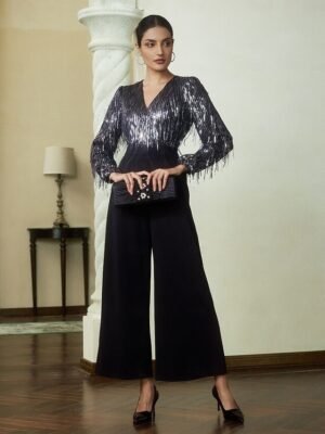 Elite Wide Leg Sequin Fringe V Neck Jumpsuit - Image 8