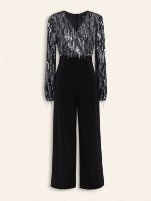 Elite Wide Leg Sequin Fringe V Neck Jumpsuit - Image 9